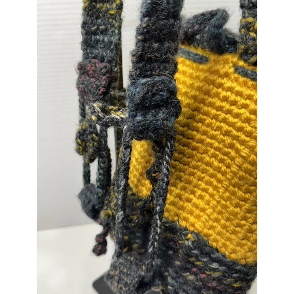 UNIQUE‎ Crochet Backpack W/hair Ties 70s Festival Hippie Blue-Yellow Boho Bag